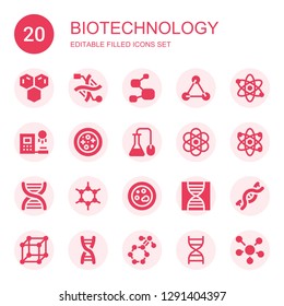 biotechnology icon set. Collection of 20 filled biotechnology icons included Molecule, Dna, Molecules, Atom, Clone, Petri dish, Science, Atomic