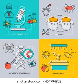 Biotechnology icon set with descriptions of experiments cloning genetic engineering and transgenic vector illustration