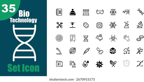 Biotechnology icon set featuring 35 modern, minimalist vector symbols related to science, genetics, and laboratory research. Collection includes DNA strands, microscope, test tubes, molecules, laborat