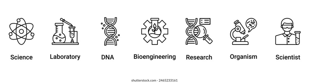 Biotechnology icon set flow process illustrationwhich consists of scientist, bioengineering, organism, research, dna, laboratory, science icon