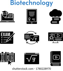 biotechnology icon set. included cloud library, exam, tablet, e-book, instructor, homework, maths, book, training icons. filled styles.