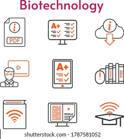 biotechnology icon set. included ereader, audiobook, pdf, teacher, books, ebook, cap, test, information icons. bicolor styles.