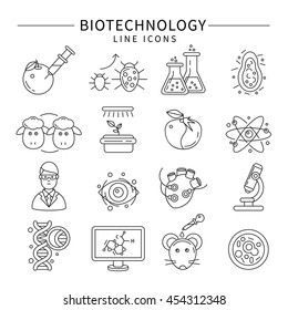 Biotechnology icon set in linear style isolated carrying out experiments on animals and plants vector illustration