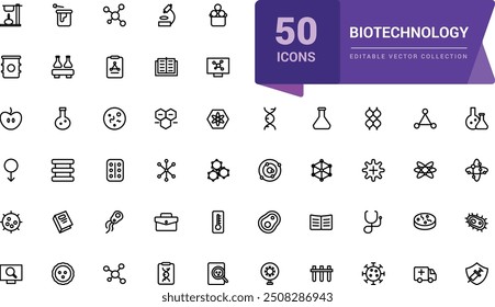 Biotechnology icon set. Simple and mimimal line chemistry and lab set of medical analysis experiment, laboratory test flask Vector illustration editable stroke.