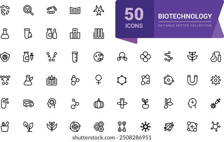 Biotechnology icon set. Simple and mimimal line chemistry and lab set of medical analysis experiment, laboratory test flask Vector illustration editable stroke.