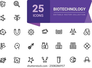 Biotechnology icon set. Simple and mimimal line chemistry and lab set of medical analysis experiment, laboratory test flask Vector illustration editable stroke.