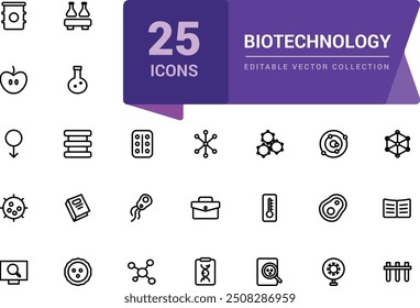 Biotechnology icon set. Simple and mimimal line chemistry and lab set of medical analysis experiment, laboratory test flask Vector illustration editable stroke.