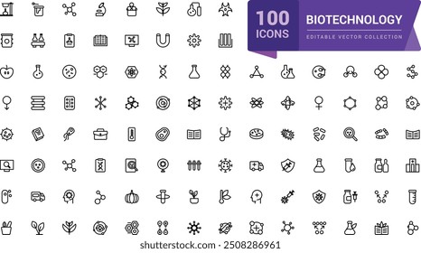 Biotechnology icon set. Simple and mimimal line chemistry and lab set of medical analysis experiment, laboratory test flask Vector illustration editable stroke.