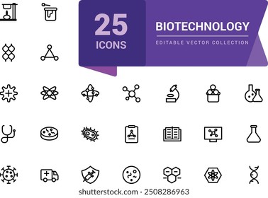 Biotechnology icon set. Simple and mimimal line chemistry and lab set of medical analysis experiment, laboratory test flask Vector illustration editable stroke.