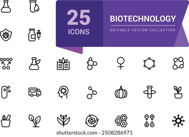 Biotechnology icon set. Simple and mimimal line chemistry and lab set of medical analysis experiment, laboratory test flask Vector illustration editable stroke.