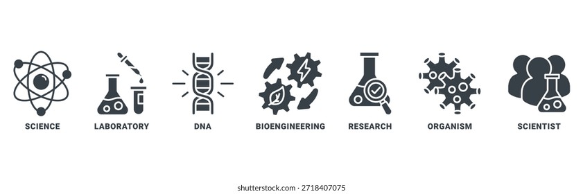 ícone de biotecnologia conjunto conceito vetorial com ícone de ciência, laboratório, dna, bioengenharia, pesquisa, organismo, cientista