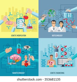 Biotechnology icons concept composition of genetic engineering nanotechnology and genetic modification square elements flat vector illustration     
