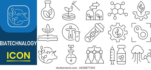 Biotecnologia ícones conjunto vetorial. bioquímica, agricultura, ciência. Coleção de ícones sobre ecologia, pesquisa científica. Ilustração vetorial de ícone web biotecnologia. 