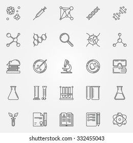 Biotechnology icons - vector set of linear science symbols, DNA, cells and laboratory equipment signs