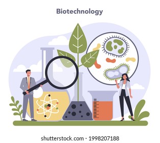 Biotechnology industry sector of the economy. Healthcare products invention and development, science research. Pharmaceuticals and laboratory equipment business. Flat vector illustration