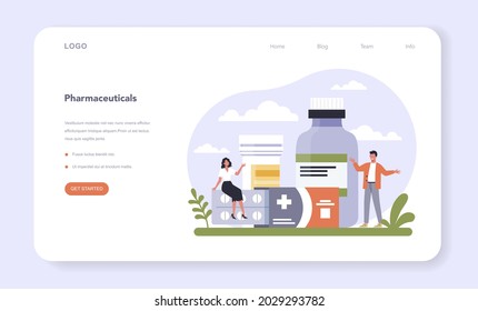 Biotechnology industry sector of the economy web banner or landing page. Healthcare products invention and development, science research. Pharmaceutical business. Flat vector illustration