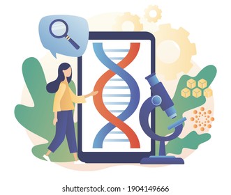 Biotechnology. Innovation, science, laboratory research,  genetic testing, chemical, GMO, bioengineering and organism. Study dna use smartphone and microscope. Modern flat cartoon style. Vector 