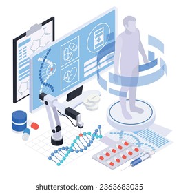 Biotechnology isometric composition with computer screens dna pills syringe and silhouette of human body in projection vector illustration