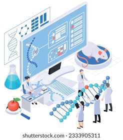 Composición isométrica de la biotecnología con un grupo de científicos que sostienen un modelo de adn grande con un ratón en el lugar de trabajo y una ilustración vectorial de la computadora 