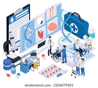 Biotechnology isometric composition with human characters of medical workers with patients medication and lab computer icons vector illustration