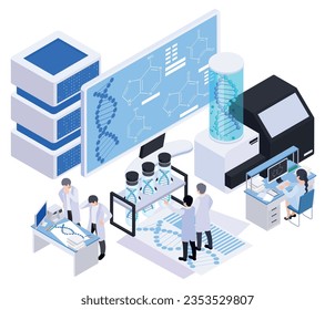 Composición isométrica de la biotecnología con iconos de científicos de cremallera de servidores de pantalla de computadora y tubos de ensayo con ilustración vectorial de dna