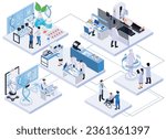 Biotechnology isometric composition with set of connected platforms human characters of lab scientists doctors helping patients vector illustration