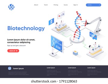 Biotechnology isometric landing page. DNA sequence cloning and recombination isometry web page. Genetic engineering template, science research laboratory vector illustration with people characters.