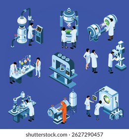 Conjunto isométrico de la biotecnología de los científicos que trabajan en el laboratorio con la Ilustración vectorial aislada moderna del equipo