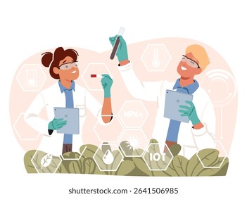 Biotechnology lab scientists cartoon characters focused on examining and testing new breed of vegetables scene. Agricultural researchers team analyzing crop of fresh plants vector illustration