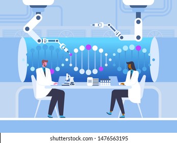 Biotechnology laboratory flat vector illustration. Male and female doctors, scientists cartoon characters. Futuristic medicine, genetic engineering, microbiology. Human genome test, gene technology
