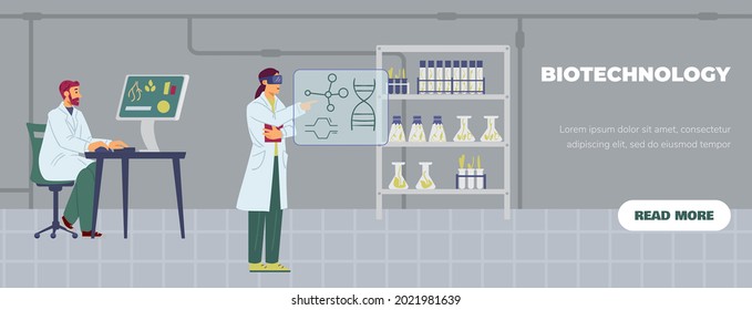 Biotechnology laboratory with working scientists, flat vector illustration. Studying and research of biological processes for industry and agriculture technologies.