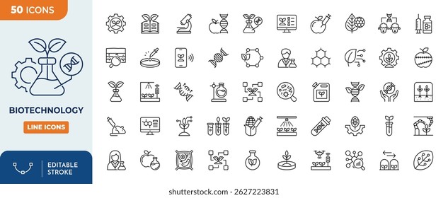 Biotechnology line editable icon set. Contains icons related to biotechnology, biochemistry, farming, science, and more. vector illustrator