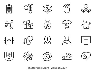 Symbolsatz der Biotechnologie-Linie. Enthält Symbole für Wissenschaft, Innovation, Wissenschaftler, Experiment, Mikroskop, Interaktion, Wissenschaft. Minimales Vektorsymbol und -grafik.