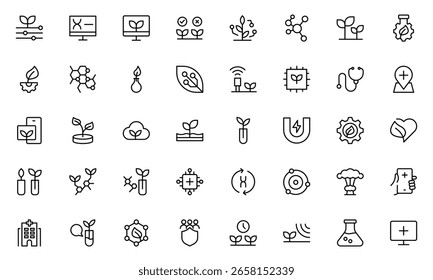 Conjunto de ícones da linha de biotecnologia. Inclui ícones para a ciência, inovação, cientista, experimento, microscópio, interação, ciência. Ícone de vetor Minimalis e ilustração.