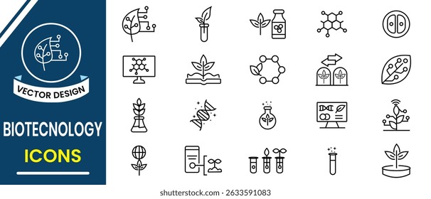 Conjunto vetorial de ícone de linha biotecnológica. Ícone mínimo de biotecnologia, como inovação, ciência, laboratório, bioengenharia, DNA, pesquisa e cientista de organismos. Ilustração vetorial.