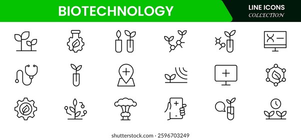  Biotechnology line icons. Includes icons for scientific, innovation, scientist, experiment, microscope, interaction, science. Minimalis  vector icon and illustration.
