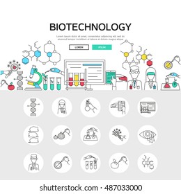 Biotechnology linear concept including scientific experiments composition and set of monochrome gene modification icons isolated vector illustation  