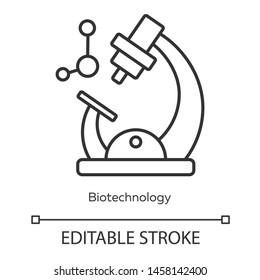 Biotechnology linear icon. Biotech. Molecular biology. Microscope and molecule. Biochemistry. Bioengineering. Thin line illustration. Contour symbol. Vector isolated outline drawing. Editable stroke