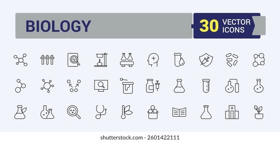 Biotechnology linear icon. Contain linear symbols biology, laboratory, science, genetic, biotech, technology and more. Minimalist linear icons. Lab icon set. Editable vector illustration.
