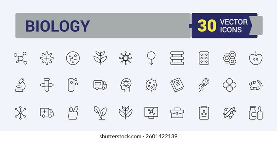 Biotechnology linear icon. Contain linear symbols biology, laboratory, science, genetic, biotech, technology and more. Minimalist linear icons. Lab icon set. Editable vector illustration.