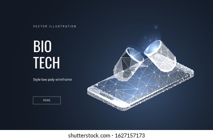 Biotechnology low poly wireframe landing page template. Pharmacy science web banner. 3d capsule on smartphone surface polygonal illustration. Pill and mobile phone mesh art homepage design layout