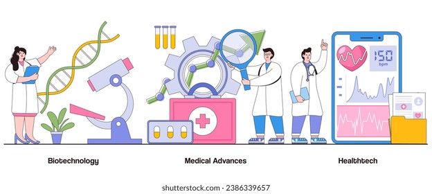 Biotechnology, medical advances, healthtech concept with character. Business life science abstract vector illustration set. Innovative treatments, precision medicine, health breakthroughs metaphor.