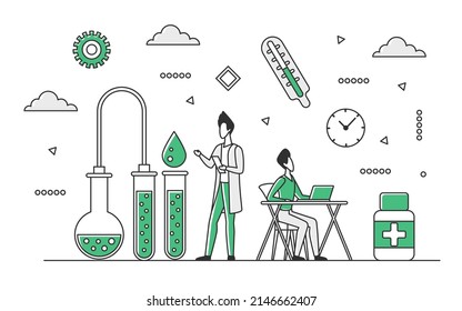 Biotechnology medicine and biology science. Biological researchers developing pharmaceutical products vector monocolor illustration