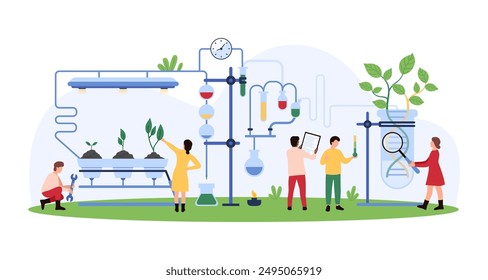 Biotechnology, microbiology and innovation genetic research in laboratory. Tiny people with magnifying glass check progress of experiment to grow green plant in test tube cartoon vector illustration