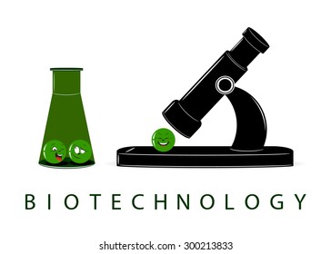 biotechnology. A microscope and a test tube with green amusing molecules spheres 