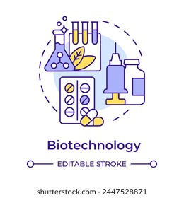 Biotechnology multi color concept icon. Medical research. Genetic engineering. Pharmaceuticals. Round shape line illustration. Abstract idea. Graphic design. Easy to use in presentation