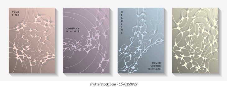 Biotechnology and neuroscience vector covers with neuron cells structure. Bent waves rete backdrops. Vivid notebook vector layouts. Chemistry or physics covers.