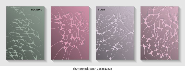 Biotechnology and neuroscience vector covers with neuron cells structure. Curly waves ornament backdrops. Trendy notebook vector layouts. Neurology scientific covers.