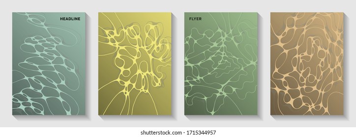Biotechnology and neuroscience vector covers with neuron cells structure. Complex curve lines tissue textures. Trendy banner vector layouts. Chemistry or physics covers.