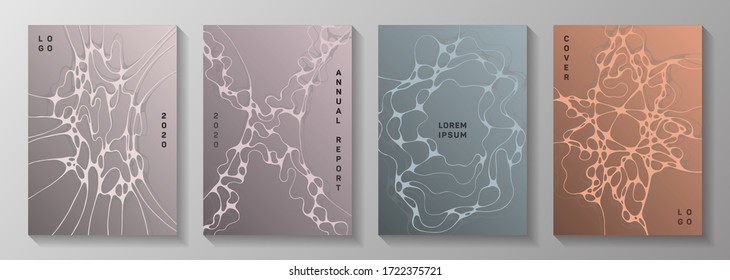Biotechnology and neuroscience vector covers with neuron cells structure. Overlaying waves plexus backgrounds. Creative notebook vector layouts. Anatomy, biology, medicine covers.